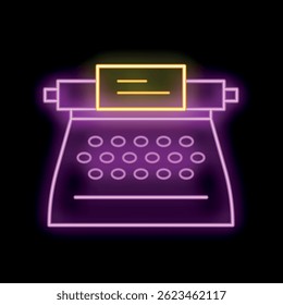 Neon sign showing a vintage typewriter for writing glowing on dark background
