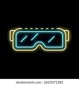 Neon sign showing welding goggles with protective glass glowing in the dark
