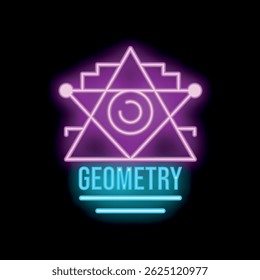 Neon sign showing the word geometry with an eye catching sacred geometry symbol, great for any design or print project that requires a mystical and modern feel