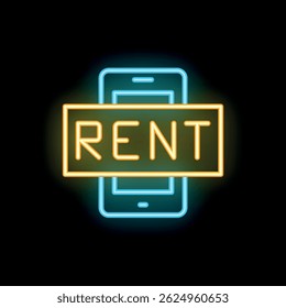 Neon sign showing the word rent over a smartphone screen, suggesting online rental services