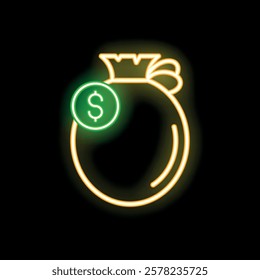 Neon sign showing yellow money bag with green dollar coin, glowing on black background