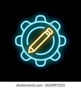 Neon teken met een geel potlood in een blauwe versnelling die het concept van creatief proces