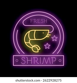 Neon sign with a shrimp design, advertising fresh seafood cuisine