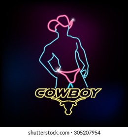 Neon sign with silhouette of sexy cowboy and Texas Buffalo