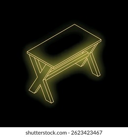 Neon sign of a simple desk with crossed legs glowing yellow against a dark background