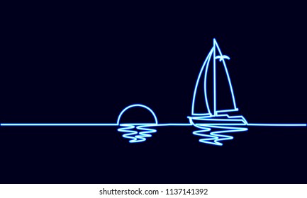 Neon sign single continuous one line art sunny ocean travel vacation. Sea voyage ship yacht luxury journey sunset concept design sketch outline light banner vector illustration