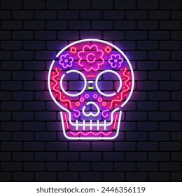 Signo de neón de la calavera para la decoración y la cubierta en el fondo de la pared. Concepto de Feliz Día de Muertos en México. Ilustración vectorial