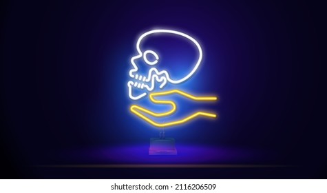 Neon sign with a skull in his hand. . Night bright advertising. Vector illustration in neon style for Halloween and biker style