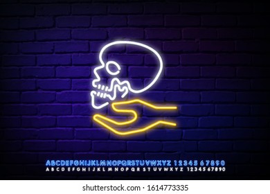 Neon sign "skull". A terrified skull with a hand. Night bright advertising. Vector illustration in neon style for Halloween and biker style