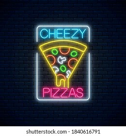 Neon sign of slice of pizza with dripping cheese. Piece of italian pizza with tomatos, mushrooms and cheese. Cafe menu item in rectangle frame on a dark brick wall background. Vector illustration.