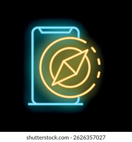 Neon sign of a smartphone with a compass pointing north, symbolizing navigation apps and location services