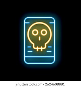 Neon sign of a smartphone displaying a skull icon, warning about the dangers of technology