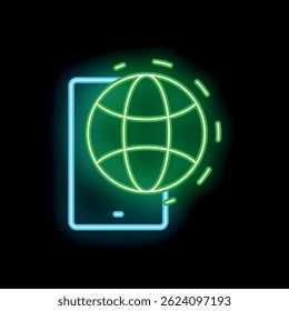 Neon sign of a smartphone with a rotating globe, symbolizing global communication and connectivity