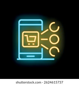 Neon sign of a smartphone sending a shopping cart symbol, representing online shopping and marketing
