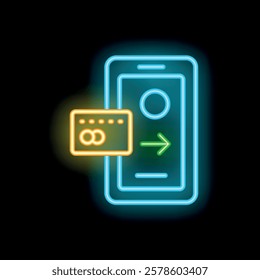 Neon sign of a smartphone showing mobile payment process with credit card