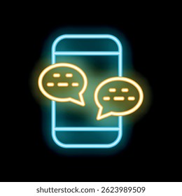Neon sign of a smartphone with two instant messages appearing on a dark background