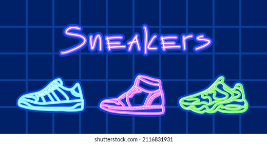 Neon sign of sneakers. bright vector drawings with sneakers