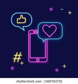 Neon sign of social media app for chatting, following and sharing memes. Bright vector neon light illustration of smartphone with speech bubble and feedback message in social networks