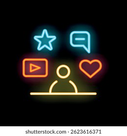 Neon sign of a social media manager working remotely on a laptop computer with social media icons surrounding them