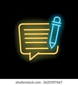 Neon sign of a speech bubble being written with a pen, on a dark background, ideal for topics such as communication, writing and ideas