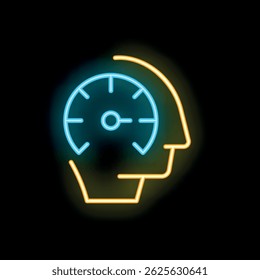 Neon sign of a speedometer inside a human head representing thinking fast, a symbol of intelligence and quick thinking