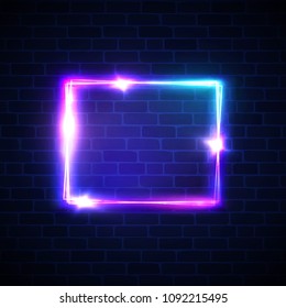 Neon sign. Square frame with glowing and light. Electric bright 3d rectangle banner design on dark brick texture wall. Neon abstract background with flares and sparkles. Vintage vector illustration.