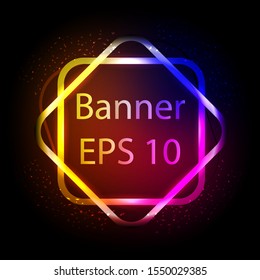 Neon sign. Square frame with glowing and light. Electric bright rectangle banner design on dark backdrop. Neon abstract background with flares and sparkles. Vintage vector illustration. EPS 10