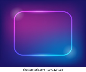 Neon sign. Square glowing light banner with blank space. Electric rectangle frame on dark blue background. Neon right-angled background with flares and sparkles. Vintage vector illustration