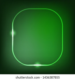Neon sign. Square glowing light banner with blank space. Electric rectangle frame on dark green background. Neon right-angled background with flares and sparkles. Vintage vector illustration