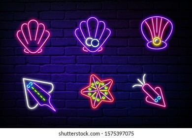 Neon sign squid, oyster neon. rainbow mussel icon. Seashell Neon Label. Vector Illustration of Ocean Promotion. Vector illustration can be used for topics like cooking, dinner, kitchen, Japanese food