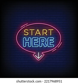 Neon Sign start here with brick wall background vector