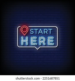 neon sign start here with brick wall background vector illustration