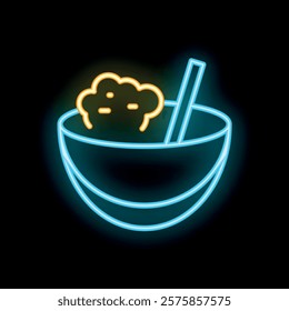 Neon sign of a steaming bowl of ramen noodles with chopsticks, perfect for restaurants and businesses