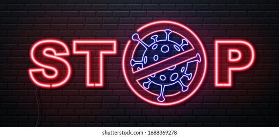 Neon sign Stop COVID-19. Coronavirus Quarantine Warning. Vector illustration