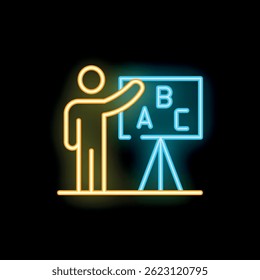 Ícone de estilo de sinal de néon de um professor apontando para um quadro-negro com as letras abc nele, representando educação e aprendizagem
