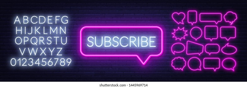 Neon sign subscribe . Set of neon speech bubbles and the alphabet on a dark background. Template for design.