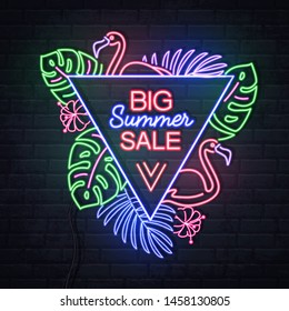 Neon sign summer big sale with fluorescent tropic leaves. Vintage electric signboard.