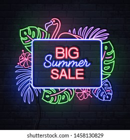 Neon sign summer big sale with fluorescent tropic leaves. Vintage electric signboard.