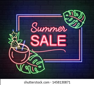 Neon sign summer big sale with fluorescent tropic leaves and cocktail. Vintage electric signboard.