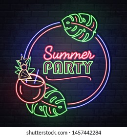 Neon sign summer party with cocktail and fluorescent tropic leaves. Vintage electric signboard.