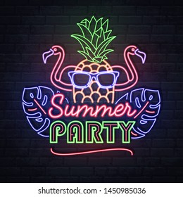 Neon sign summer party with fluorescent tropic leaves, flamingo and pineapple. Vintage electric signboard.