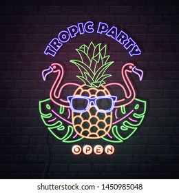 Neon sign summer party with fluorescent tropic leaves, flamingo and pineapple. Vintage electric signboard.