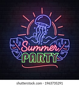 Neon sign summer party with jellyfish and tropic leaves. Vintage electric signboard.