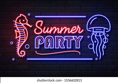 Neon sign summer party with sea horse and jellyfish. Vintage electric signboard.