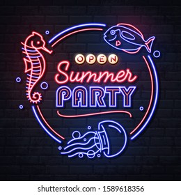 Neon sign summer party with sea hourse, fish and jellyfish. Vintage electric signboard.