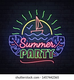 Neon sign summer party with ship and fluorescent tropic leaves. Vintage electric signboard.