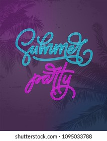 Neon sign Summer party. Vector lettering with tropical background. Poster for night club party. Template for banner, poster, flyer, card, postcard, cover, brochure EPS10