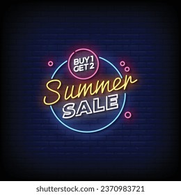Neon Sign summer sale with brick wall background vector