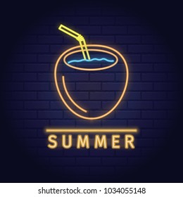 Neon sign of summer tropical coconut cocktail elements