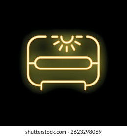 Neon sign of sun shining over bed symbolizing good morning and rest